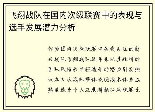 飞翔战队在国内次级联赛中的表现与选手发展潜力分析