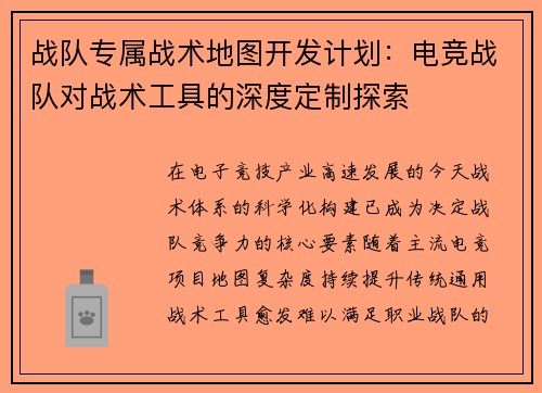 战队专属战术地图开发计划：电竞战队对战术工具的深度定制探索